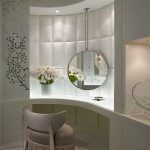Bewitching Corner Vanity with Flower using Round Bathroom Mirrors Design Ideas also Cozy Chair