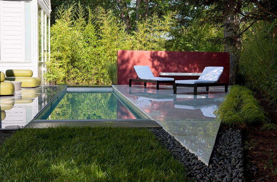 Brilliant Narrow Small Swimming Pools Designs with Sunbathe Chair on Sleek Floor plus Fresh Grass