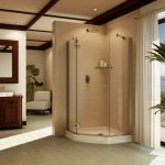 Charming Bathroom using Minimalist Wooden Vanity also Alumax Shower Doors beside Windows