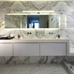 Classy Mirror on Nice Wallpaper right for Modern Minimalist Bathroom Designs with Fresh Flowers