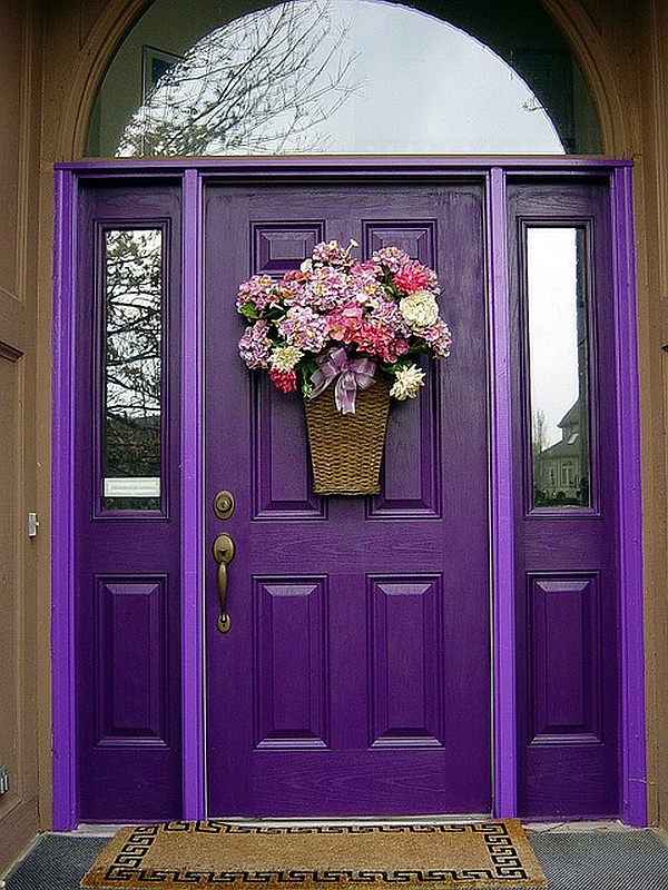 Colorful Flower on Purple Door Color Ideas with Simple Mat on Dark Carpet