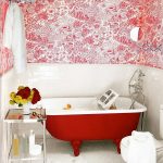 Colorful Wallpaper fit to Bright Bathroom Ideas with Cute Red Bathtub on Floor plus Fresh Flowers on Square Glass Table front Simple Closet