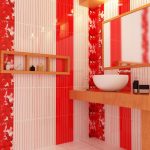 Comfortable Red Wallpaper  in Bright Bathroom Ideas with Wooden Furniture and Cute Lamp