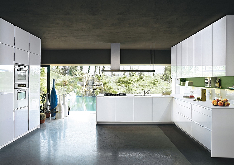 Contemporary Italian Style Kitchen Cabinets in White L-Shape Design using Chic Countertop and Backsplash