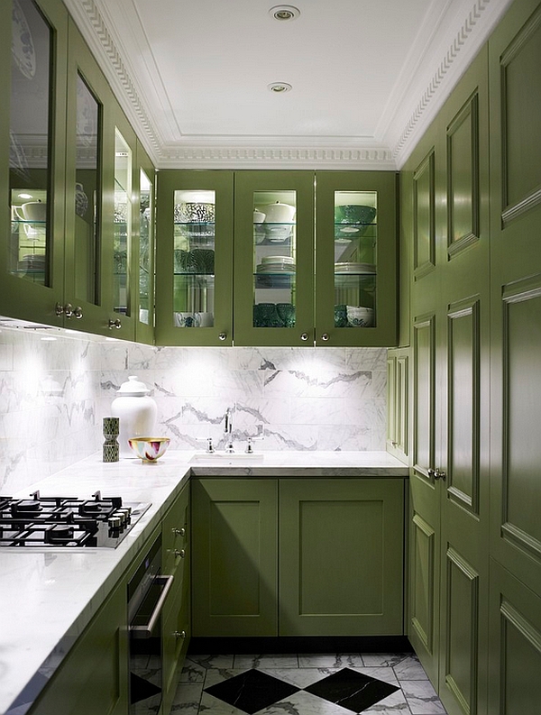 Contemporary Room with Green Kitchen cabinet Color Ideas also Best Countertop and Marble Backsplash