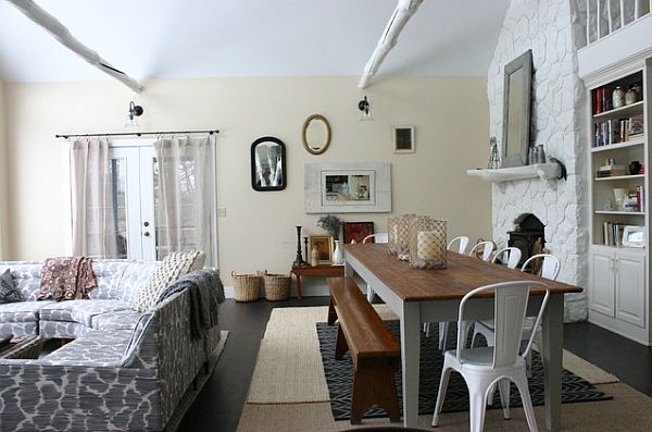 Cool Room using Set of Kitchen table with Bench plans and White Chairs on Carpet