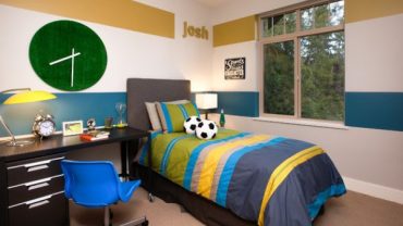 Cozy Bed side Black Desk near Blue Chair right for Cool Room Painting Ideas