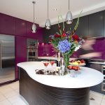 Cute Room with Kitchen Cabinet Color Ideas in Purple plus Chic Bar Table and Flowers