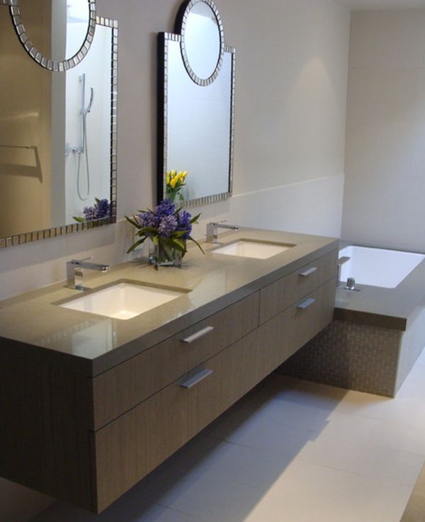 Delicate Interior with hanging Vanity using Sink and Faucet also Bathroom Mirrors Design Ideas