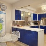 Delightful Concept of Blue and White Kitchen Cabinet Color Ideas using Good Backsplash and Lamps