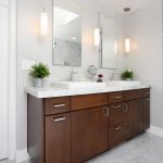 Delightful Wooden Cabinet with Marble Countertop also Sink plus Elegmant Bathroom Mirrors Design Ideas