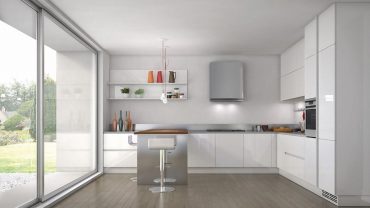 Exellent Open Design in White And Grey Kitchen with Large Glass Window and Chalk Wall