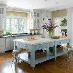 Exquisite Design of Rolling Table as Movable Kitchen Islands with Drawers in Blue also White Top