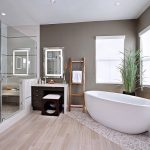 Fabulous Shower Room for Luxury Bathroom Designs with White Bathtub on Nice Floor