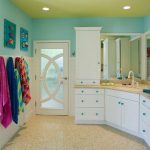 Fabulous Single Sink closed Big Mirror right for Bright Bathroom Ideas with White Wardrobe and Simple Downlight on Nice Ceiling above Sleek Floor
