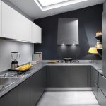Fantastic Design of Grey Walls Kitchen and U-shape Cabine using Stainless Steel Countertop and Sink