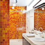 Fascinating Yellow Tile Wall in Bright Bathroom Ideas with Best Vanity under Large Mirror