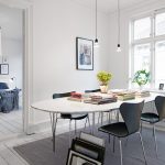 Frantic Swedish Home Design Ideas using Lush Dining Table also Sleek Chairs and Small Ceiling Lamps
