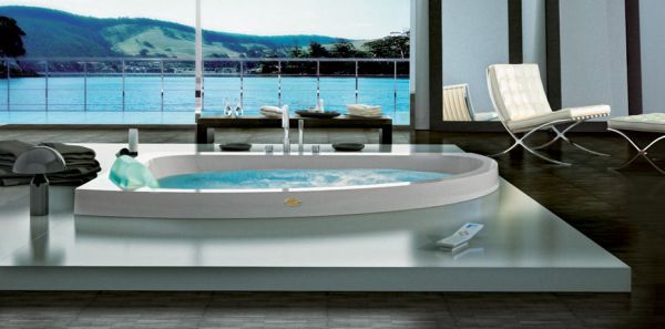 Gorgeous Bathtub facing Beautiful Lake plus Unusual Chair fit to Luxury Bathroom Designs