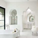Gorgeous Bright Bathroom Ideas with White Wall Paint plus Simple Bathtub on Clean Floor near Glass Window front Unusual White Chair under Ceiling