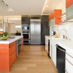 Grand Concept of Kitchen cabinet Color Ideas with Orange Accent also Stainless Steel Knobs