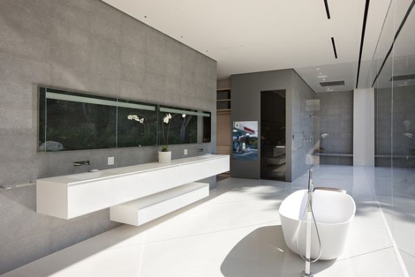 Lavish Luxury Bathroom Designs with Big Glass Wall near White Bathtub plus Fresh Flowers