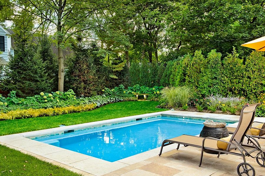 Lovely Small Swimming Pools Designs with Cute Sunbathe Chair on Floor plus Yellow Umbrella