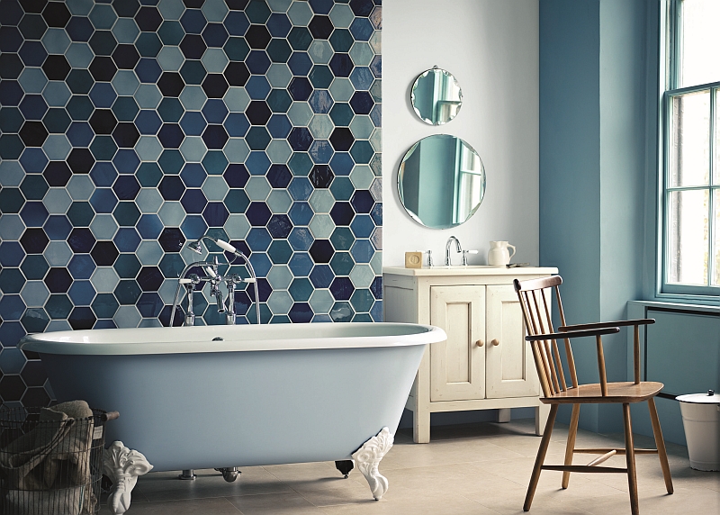 Luxurious Bright Bathroom Ideas with Sweet Wallpaper side Cute Round Mirror plus Simple Bathtub on Clean Floor plus Wood Chair near White Dustbin