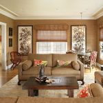 Luxurious Brown And Cream Living Room Designs with Cozy Couch front Wood Table plus Unique Chandelier