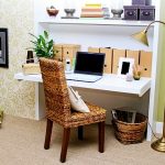 Outsanding Small Office Furniture Ideas with White Desk near Rattan Chair and Cooper Hanging Lamp