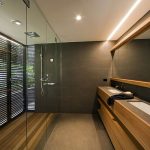 Outstanding Shower Room for Modern Minimalist Bathroom Designs with Big Mirror closed Twin Sink