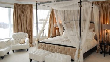 Pleasing Bed with Fabric Mosquito Net also Wooden Post as Romantic Bedroom Decorations