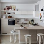 Pleasing Italian Style Kitchen Cabinets with Wooden bar Stools also Lush Induction Stove and Microwave