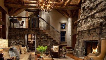Rustic Interior for Antique Living Room Ideas with Stone Wall also Luring Orb Chandelier