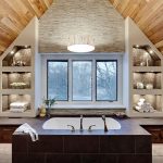 Rustic Wood Ceiling above Nice Bathtub for Luxury Bathroom Designs with Round Chandelier