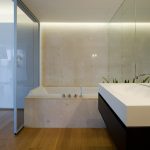 Simple Wood Floor fit to Modern Minimalist Bathroom Designs with Square White Washbasin