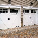Stuning Glass Accent in Large White Carriage Style Garage Doors in Streaky Wall Picture