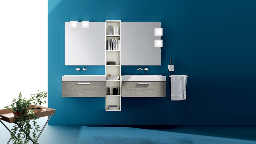 Stupendous Modern Minimalist Bathroom Designs with Twin Square Sink side White Towel on Blue Wall Paint