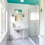 Unique White Chandelier on Green Ceiling above Nice Floor for Bright Bathroom Ideas with Small Mirror between Wall Lamp plus White Brick Wall