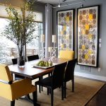 Unusual Chandelier fit to Classic Dining Table Designs with Yellow Chair on Nice Carpet