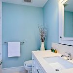 White Towel on Blue Wall Paint for Bright Bathroom Ideas with Square Mirror closed Single Washbasin side Nice Closet plus Interesting Shower Room