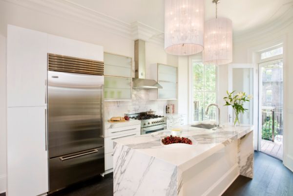 Glamorous White Kitchen with Modern Kitchen Islands and Cupboards Completed with Refrigerator Plus Stove also Oven
