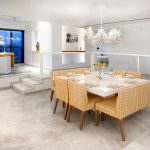Adorable Modern Dining Room Tables Applying White Granite Materials Furnished with Chairs and Completed with Vase Decor