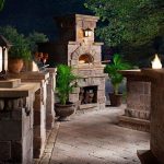 Adorable Traditional Modular Outdoor Kitchens Applying Stone Brick Design Completed with Fireplace and Outdoor Lightings