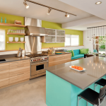 Amazing Green and Tosca Accents in Modern Kitchen Applying Chic Backsplash Ideas Combined with Track Lighting
