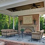 Appealing Fireplace and Beautiful Sofa at Outdoor Living Spaces That Created on Concrete Tiled Floor