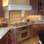 Awesome Tiled Backsplash Designs Applied for Traditional Kitchen with Wood Kitchen Cabinets Painted in Brown
