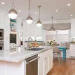 Enchanting White Kitchen Design Applying Modern Kitchen Lighting Furnished with Island and Completed with Sink