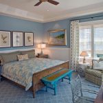 Exciting Blue and White Master Bedroom Colors with Bed and Double Nightstands plus Night Lamps
