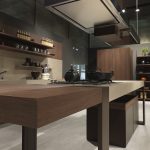 Exciting Modern Kitchen Designs with Wall Cabinets Plus Furnished with Table Completed with Stove